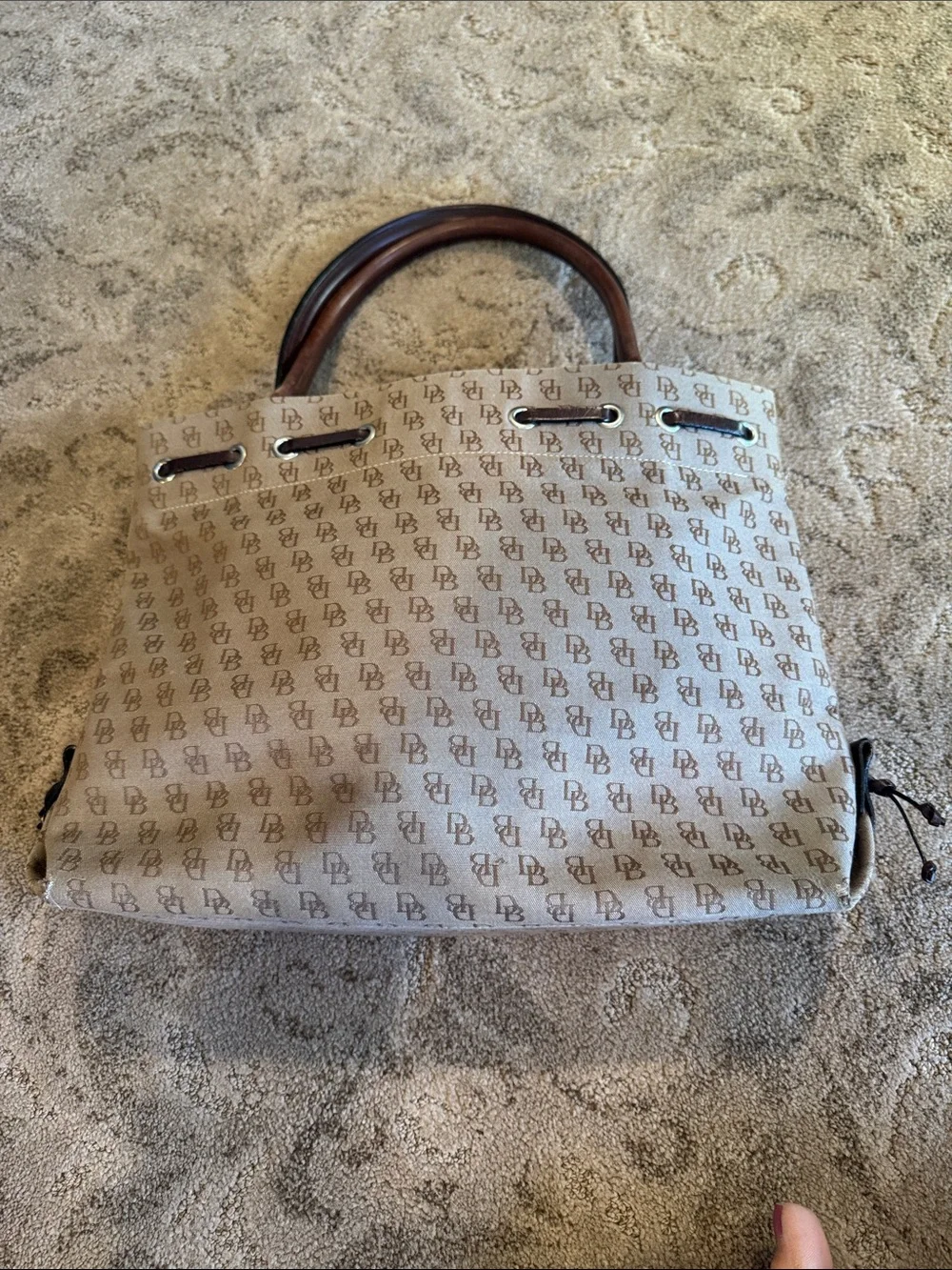 Dooney & Bourke Beige Monogram Tote with Brown Leather Trim
